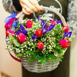 Корзина с тюльпанами и ирисами 232