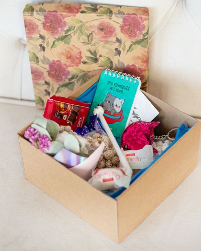 Подарочный набор с игрушкой, букетиком, сладостями «Котик» 491