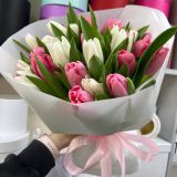 Букет сборный из 25 розовых и белых тюльпанов 247